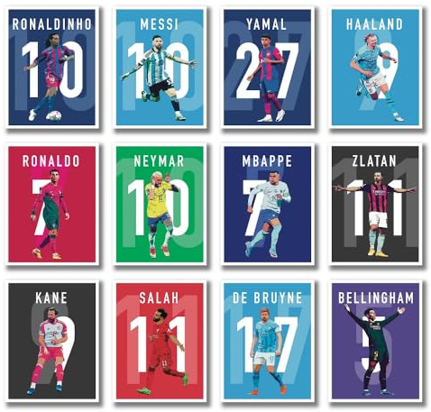 Print A To Z® Fußball-Poster, ungerahmt, 20,3 x 25,4 cm, Set mit 12 Fußball-Postern für Jungen-Schlafzimmer, Messi- und Ronaldo-Poster, Messi-Poster, Messi-Wandkunst, Ronaldinho-Poster,