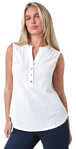Roman Originals Sleeveless Shirt for Women UK Ladies Vest Tank Top Summer Smart Blouse Stretchy Jersey T-Shirt Casual Spring Holiday Party Beach Vacation Notch Neck - Petite White - Size 18