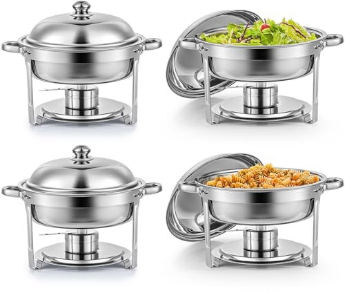 Wilprep 4 PCS Calentadores de Comida para Buffet de Acero Inoxidable Redondo 5L Calentador de Buffet con Bandeja de Calefacción, Tapas Chafing Dish para Restaurantes, Catering, Fiestas, Bodas, Picnics
