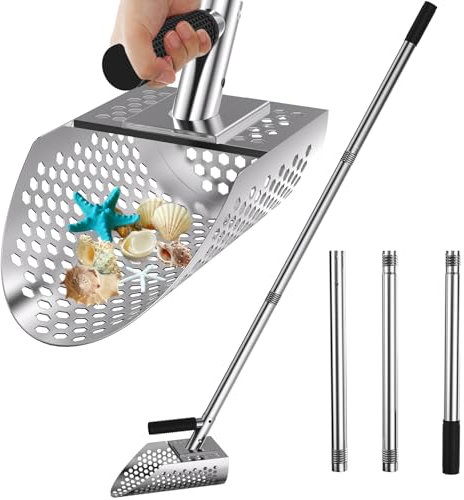 Ganggend Long Handle Sand Scoop, Stainless Steel Beach Scoop Shovel for Metal Detecting, Rust-Proof Metal Detector Sand Scoop with Long Handle for Treasure Hunting, Hexahedron 8mm Hole