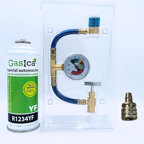 Gasica 1234Yf Monodosis con Manguera y Manómetro - Gas Orgánico y Ecológico para Montaje Alternativo Aire Acondicionado de Vehículos Fabricados a partir del 2017, Aconsejamos Montaje Por un Profesiona