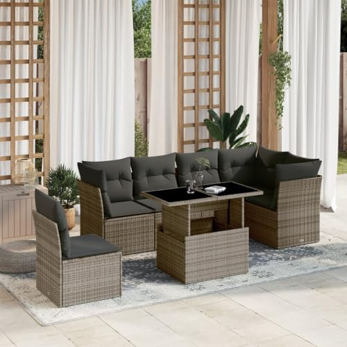 Wenjingqi-3266620 Gartenmöbel-Set, 7-teilig, mit Kissen, Polyrattan, Grau