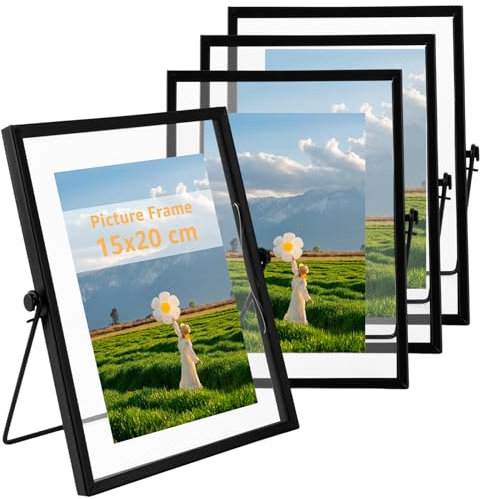 LOPYXBR 4 Stück Bilderrahmen Stehend Glas, 15x20 cm, Schwarz Glasbilderrahmen A5, Picture Frame, Retro Metall Fotorahmen, Glasrahmen für Fotos, DIY, Gepresste Blumen, Desktop-Dekoration