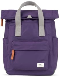 ROKA London Canfield B Small Sustainable Nylon Backpack (Majestic Purple) | Compact roll top backpack with wide zip opening, tablet storage, secret pocket, side pockets and adjustable shoulder straps
