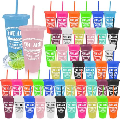 48 Pack Thank You Gifts You are Awesome Coffee Mug 24 oz Plastic Tumblers with Lids and Straw Inspirational Reusable Tumblers Appreciation Gift for Coworker Teacher Colleague Employee