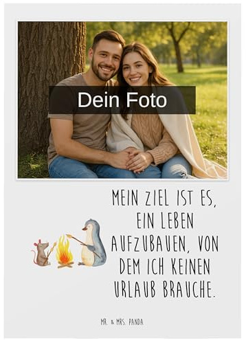 Mr. & Mrs. Panda Postkarte Foto Pinguin Lagerfeuer - Geschenk, Job, Fotokarte, Büro, Fotopostkarte, Grußkarte, mit, Maus