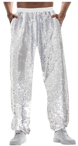 Beokeuioe Herren Jogginghose, Metallisch Hose, Hose Glänzend, Disco-Party Pailletten Hose Hippie Hose Glitzer Hose Metallic Trainingshose Gold Silber 70er/80er Jahre Party Rave Hose