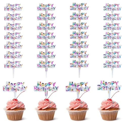 100Pcs Happy Birthday Cupcake Toppers, Glitter Birthday Cupcake Toppers Sticks Food Picks for Birthday Cupcakes, Happy Birthday Party Anniversary Celebration