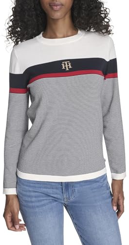 Tommy Hilfiger Damen-Pullover, langärmelig, Baumwolle, Rundhalsausschnitt, Elfenbeinfarbener Rundhalsausschnitt, Mittel