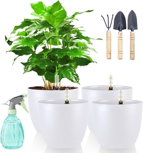 DENUOTOP Selbstbewässerungstopf, Blumentopf mit Bewässerungssystem, Pflanzentopf mit Wasseranzeiger Weiß 4er-Set 18cm Hydrokultur Topf, Übertöpfe für Zimmerpflanzen und Außenbereich