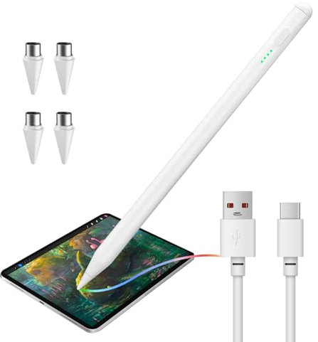 Stylet pour Écrans Tactiles Android, Stylet pour Tablette Universel Compatibilité Sam-Sung/Huawei/i Phone, Sensibilité à l'inclinaison, Stylo pour Tablette avec 4 Pointes de Remplacement, Blan