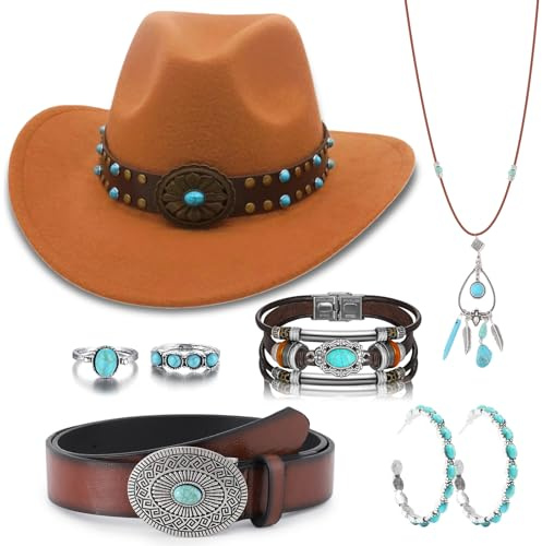 Saier tbo 7 Stück Cowboy Hut Zubehör Set für Damen, Western Cowgirl Kostüm Kit mit Cowboyhüte Gürtel Boho-Halskette Ohrringen Ringen Armbändern für Karneval Fasching Cosplay Mottoparty