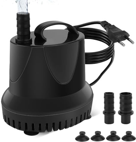 Pompe Eau Submersible, 25W 1800L/H Mini Pompe Silencieuse, Pompe Aquarium avec 2 Buses 12/16mm, Hauteur de Refoulement 1,8m, Pompe à Eau Amphibie pour Étang, Réservoir de Poissons, Cordon de 1.4m