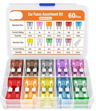 Auto-Sicherungen Set,60-Standard-Größe2A,3A,5A,7.5A,10A,15A,20A,30A,35A,40A Sortiment mit Aufbewahrungsbox Stecksicherungen PKW Flachstecksicherung Autosicherungen Set Gemischt（Standard-60Stück)