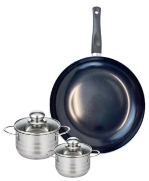 ELO 9719150 Batterie de cuisine 3 pièces, Ensemble de 1 Poêle de cuisson 32 cm et 2 faitouts 12 et 14 cm Elo Prima Brillant, inox, induction