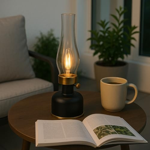home&Trends LED Gartenlaterne mit Akku, Vintage Tischlampe dimmbar, Grün mit Goldakzenten, IP44 Outdoor & Indoor, Dekoleuchte für Garten, Balkon, Terrasse, Camping (Schwarz)