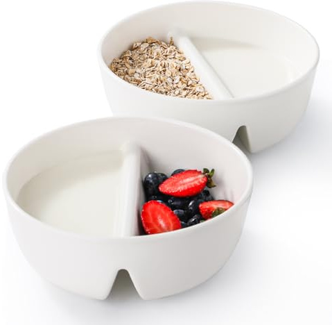 LUFILUFI Anti-Soggy Cereal Bowl, Keeps Cereal Fresh & Crunchy, Breakfast Bowls, Divided Serving & Snack Bowls, Perfect for Ice Cream & Topping, Yogurt & Berries or More, Set of 2, White