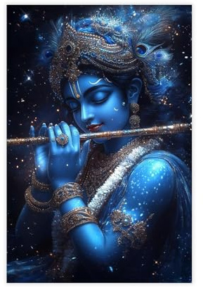 Lord Krishna Poster, großes hinduistisches Wandbild, spirituelles blaues Gott, Kunstwerk, ungerahmt, 60 x 90 cm