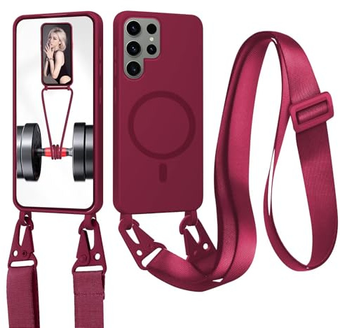 xinyunew Cordon de Coque Compatible avec Samsung Galaxy S22 Ultra Compatible avec MagSafe Coque,Collier Étui Silicone Liquide avec Tour de Cou Lanière en Corde Souple TPU Antichoc Housse-Rouge