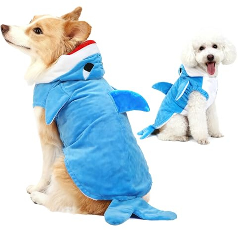 Puluole Haifisch Hundekostüm Halloween, Katzenkostüm Cosplay Hoodie (M) | Warm, Atmungsaktiv und Leicht, mit Rückenflosse, Ideal für Halloween Fotoshooting und Alltag, für Hund und Katzen Kostüm