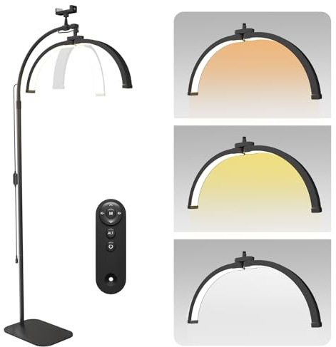 Foldable Half Moon Lamp 360° Rotatable Half Moon Lash Light with Remote Control and Phone Holder, 3 Color Temperature & 5 Brightness LED Floor Lamp for Eyelash Extensions for Beauty, Tattoo, Nails