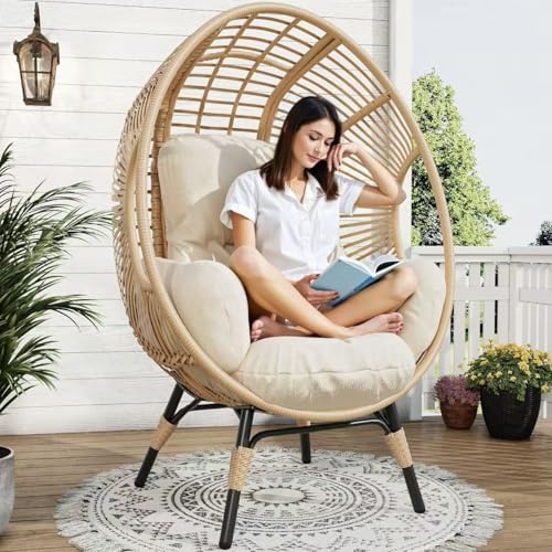 LUTINLIX Oversized Wicker Egg Chair Outdoor Indoor,Patio Lounge Chair,Beige