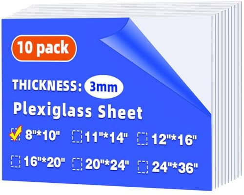 (10 Pack) 8 x 10 Plexiglass Sheets 1/8 inch Thick (3mm), Clear Acrylic Sheets Panel Cut to Size Plexiglass Acrylic Board, Cut with Engraver, Power Saw or Hand Tools, No Laser Cut.