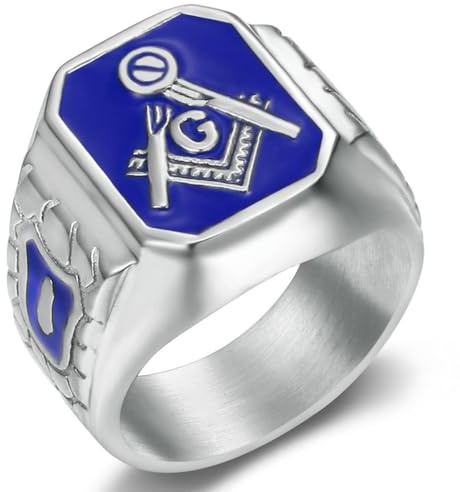 Jpltlvy Titan Stahl Vergoldet Blau Harz AG Freimaurer Herren Ring Hip Hop Accessoire Mysteriöses Symbol Schmuck Geschenk