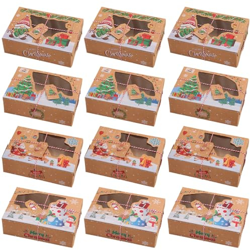 VGECEE 12 Stück Geschenkboxen Kraftpapier Weihnachten Groß Plätzchenboxen Keksschachtel Cupcake Box Weihnachten Geschenkschachteln Pralinenschachtel Bonbonschachtel Süßigkeiten Box für Esserts