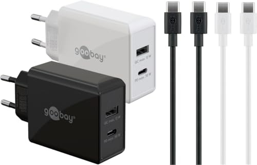 goobay Twin Power Set 1xUSB-C™/1xUSB-A-PD GaN Dual-Schnellladegerät Nano 30W, 2X USB-C™-Kabel/Netzteil mit 2 Anschlüssen, für Handy, Tablet, Kamera, Power Delivery, Reiseadapter, schwarz/weiß - 79644