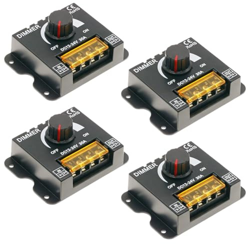 4 Stück LED Dimmer DC 12V 24V 30A PWM für LED Streifen Lichtband, Helligkeitsregler Dimmschalter mit Drehknopf zur Einstellung, Ein/Aus-Schalter, Dimmer Controller zum Einstellen der Helligkeit