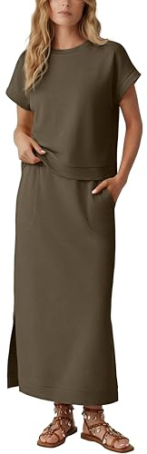 GRECERELLE Zweiteiliges Outfit Freizeit Trainingsanzug für Damen Kurzärmlige Loungewear mit Kombiniert mit einem Elastisch taillierten Midi‑Rock mit Taschen