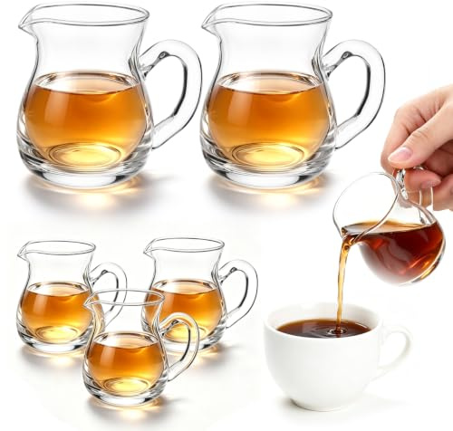 ULTECHNOVO 6Pc Mini Glass Milk Jug, 100ml Small Creamer Pitcher with Handle | Drip-Free Pouring Spout for Coffee, Tea, Clear Syrup Dispenser & Sauce Server for Cafe, Breakfast Table & Afternoon Tea