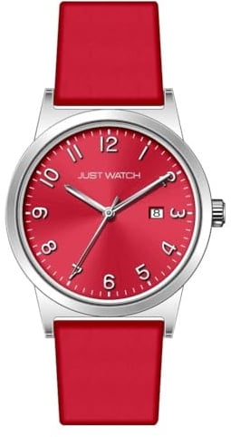 Just Watch Damen Armbanduhr Analog, Gesamtlänge 22 cm, Edelstahlarmband – 5 ATM (Rot/Silber)