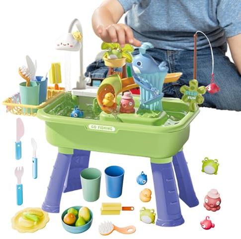 Sand and Water Table 5-in-1 Creativity Toy with Running Water & Pump Playset& Fishing Game Toy Outdoor Kids Sensory Table Garden Toys Play Tray Activity Pool Play Tables For Children Ages 3 Plus