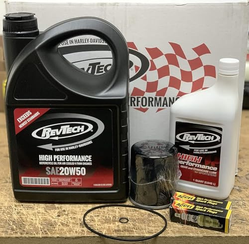 Kit Tagliando RevTech High-Performance Garanzia Compatibile con HARLEY Olio Motore Olio Trasmissione/Primaria Candele Accel Filtro Omaggio Guarnizioni per Sportster dal 1984 a Oggi 883 1200...