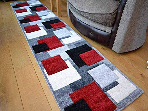 Tempo Silver Red Square Design Thick Quality Modern Carved Rugs. Available in 6 Sizes (120cm x 170cm)