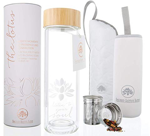 The Lotus Glass Tea Tumbler Bottle with Infuser + Strainer for Loose Leaf & Ice Tea, Cold Brew Coffee or Fruit Water. Bamboo Lid 450ml. Travel Bottle