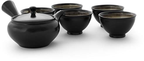 Original japanische Teekanne, Kyusu, mit 5 Becher: Kuro Hiramaru. Integriertes Tee-Sieb aus Edelstahl. Echt japanisches Tee-Set aus natürlichem Tokoname-Ton in schöner Geschenk-Box