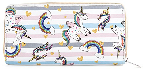 DonDon Geldbörse Damen mit Reißverschluss Portemonnaie Geldbeutel Damen Kinder Mädchen Einhorn Unicorn Muster Regenborgen