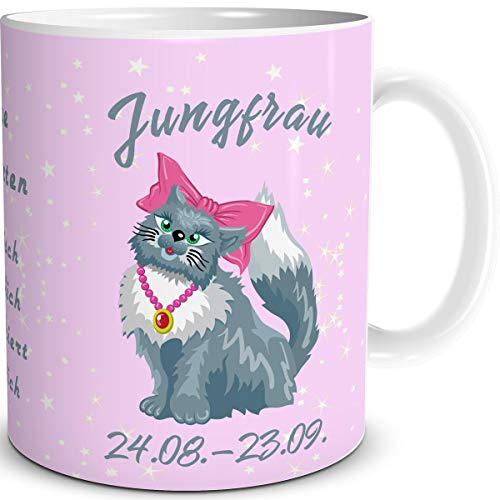 TRIOSK Tasse Katze lustig mit Spruch Sternzeichen Jungfrau Katzenmotiv Geschenk Geburtstagstasse für Katzenliebhaber Frauen Freundin