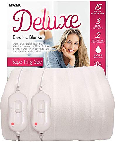 Mylek Manta eléctrica para cama Super King, funda de colchón con calefacción y doble control con falda elástica, tamaño 203 x 182 x 40 cm, protección contra sobrecalentamiento, calentamiento rápido,