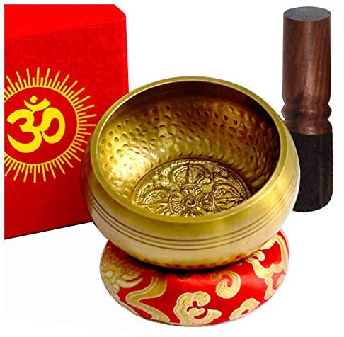TARORO Bol chantant tibétain ~ 7 Métaux, Ø12 cm, originale du Népal, faite à la main ~ Set avec coussin, maillet et coffret rouge ~ Méditation, Chakra et thérapie du son