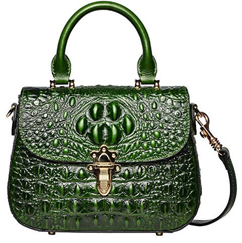 PIJUSHI Umhängetasche aus echtem Leder für Damen, Designer-Handtasche mit Krokodil-Motiv, kleiner Tragegriff oben, Grün , Einheitsgröße