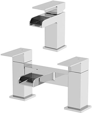 Architeckt® Dakota Bathroom Waterfall Bath Filler Mixer Tap and Basin Tap Set Deck Mounted Square Twin Lever Handle Modern, Chrome
