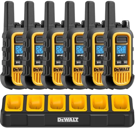 DEWALT DXFRS300 FRS Walkie Talkies, Long Range 2 Way Radio, 1W, IP67 Waterproof, 6 Pack with Gang Charger, DXFRS300-BCH6