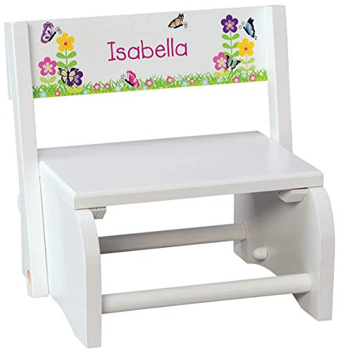 Fox Valley Traders Custom Children's 2-in-1 Step Stool and Chair, White Wood, Butterfly & Flower Design with Custom Name