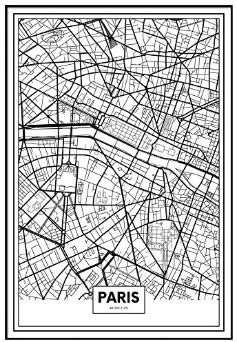 Panorama Gerahmtes Poster Karte von Paris 50x70cm - Gedruckt auf Starres Poster - Enthält Rahmen - Moderne Bilder Wohnzimmerdekoration - Schlafzimmer