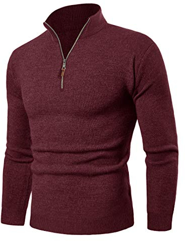 KEFITEVD Men's Warm Turtleneck Sweater Winter 1/4 Zip Knitted Tactical Work Tops Long Sleeve Ribbed Pullover Sweaters Wine Red