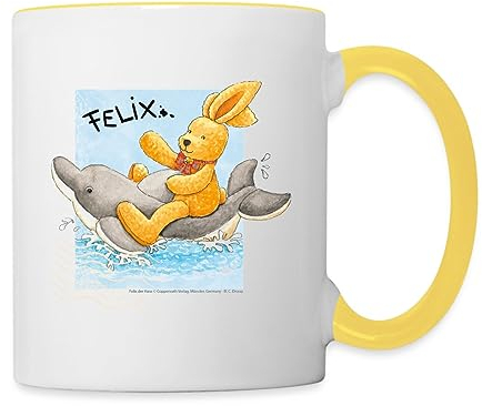 Spreadshirt Felix der Hase reitet auf Delfin Tasse Zweifarbig, One size, Weiß/Gelb